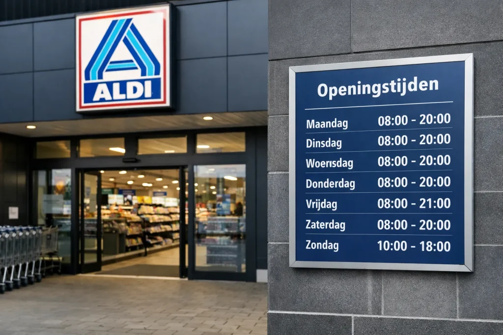 Ingang van ALDI in Heerenveen met openingstijdenbord.