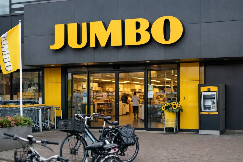 Ingang van Jumbo in Heerenveen met openingstijdenbord naast de deur.