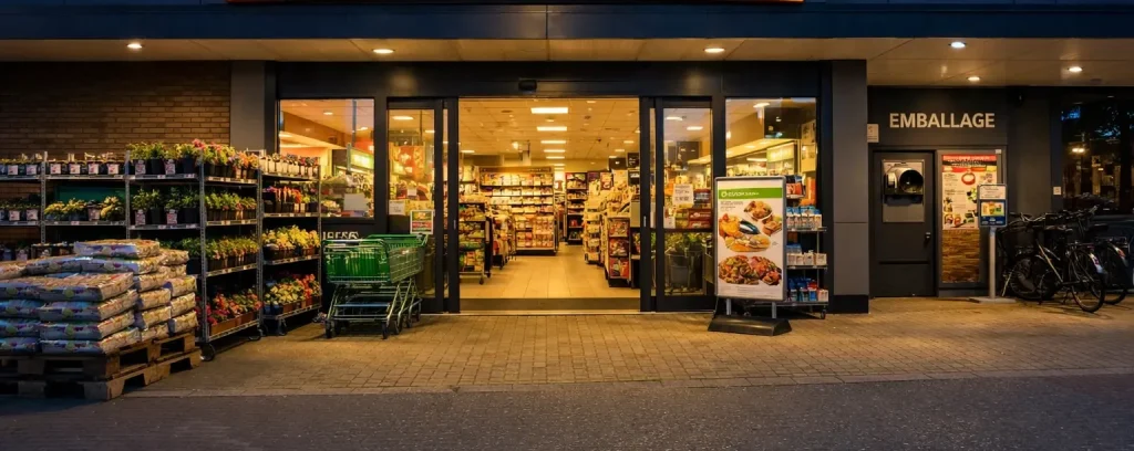 Ingang van Poiesz-supermarkt in Heerenveen bij avondlicht.