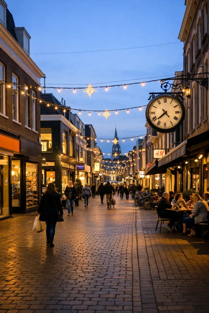 Winkelstraat in het centrum van Heerenveen in de avond.