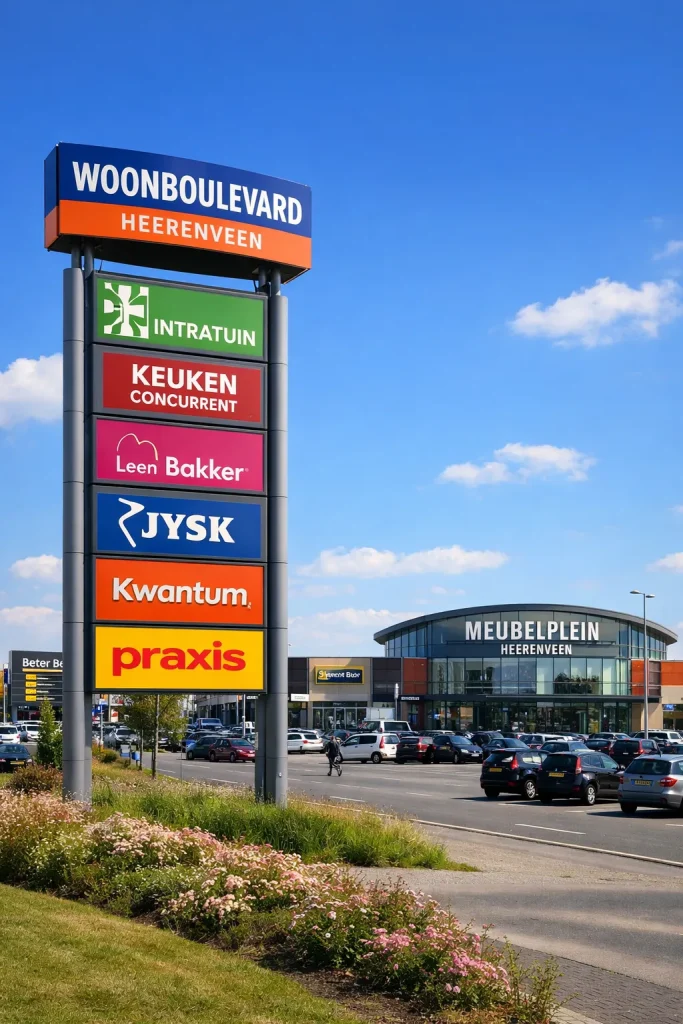 Woonboulevard in Heerenveen met winkels en parkeerterrein
