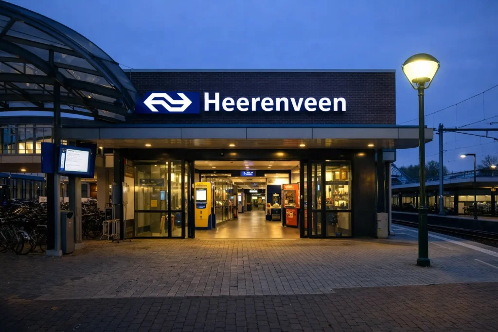 Ingang van station Heerenveen in de avond