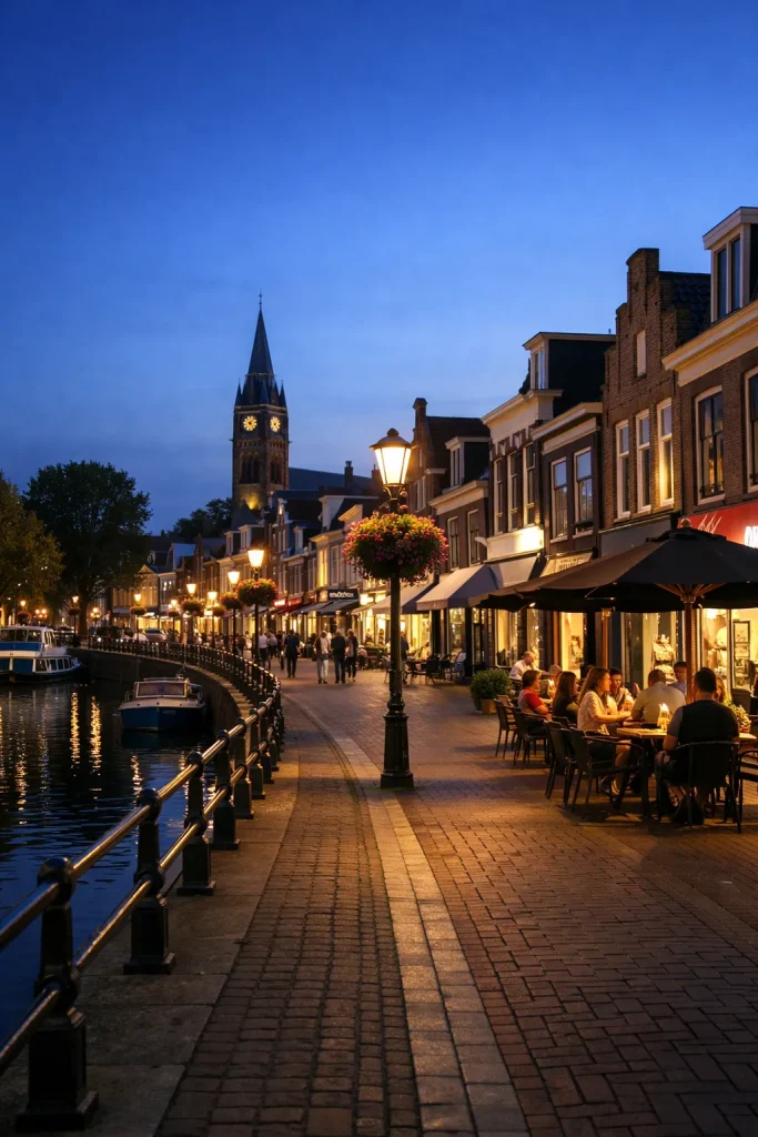 Verlichte straat langs het water in Heerenveen bij avond