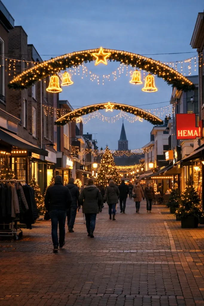 Winkelstraat in Heerenveen met sfeervolle feestverlichting