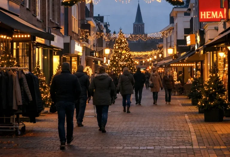 Winkelstraat in Heerenveen met sfeervolle feestverlichting