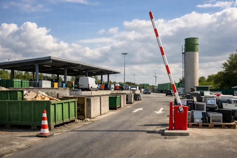 Ingang van een Nederlandse milieustraat met containers voor afvalscheiding.