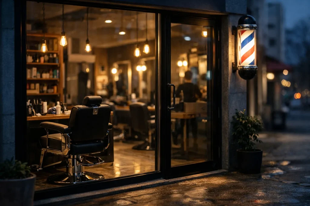 Verlichte kapsalon in Heerenveen tijdens de avonduren