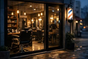 Verlichte kapsalon in Heerenveen tijdens de avonduren