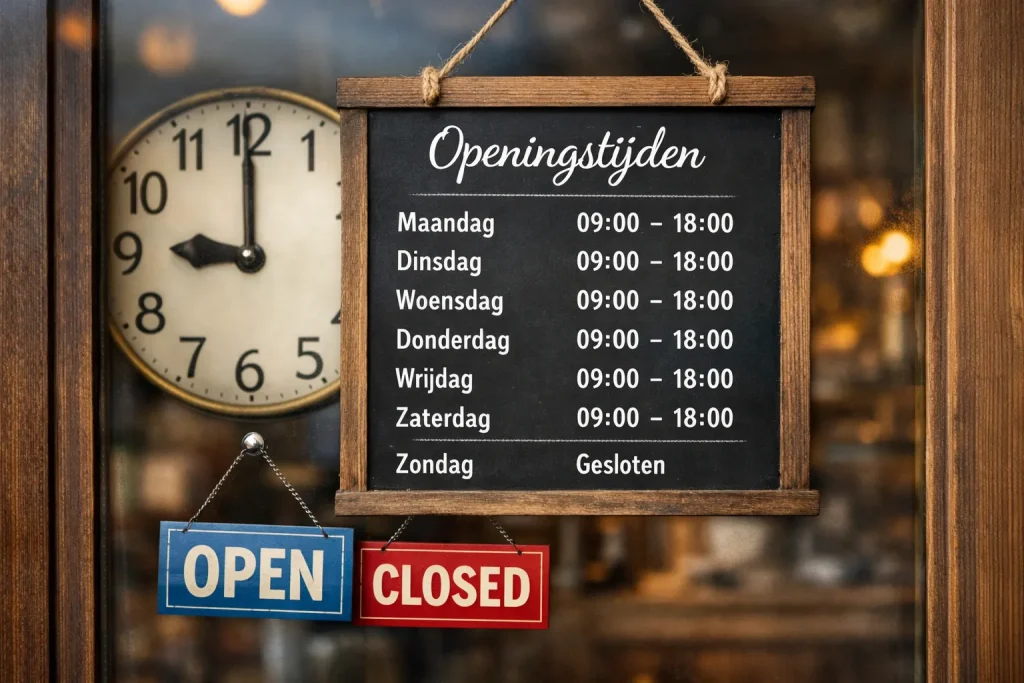 Bord met openingstijden bij winkelingang