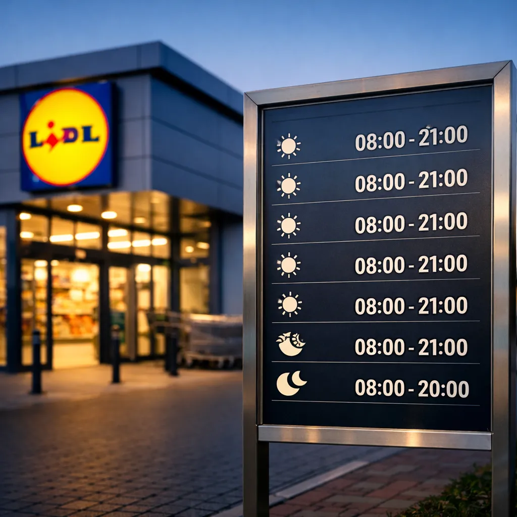 Ingang van een Lidl supermarkt met bord met openingstijden buiten de winkel.