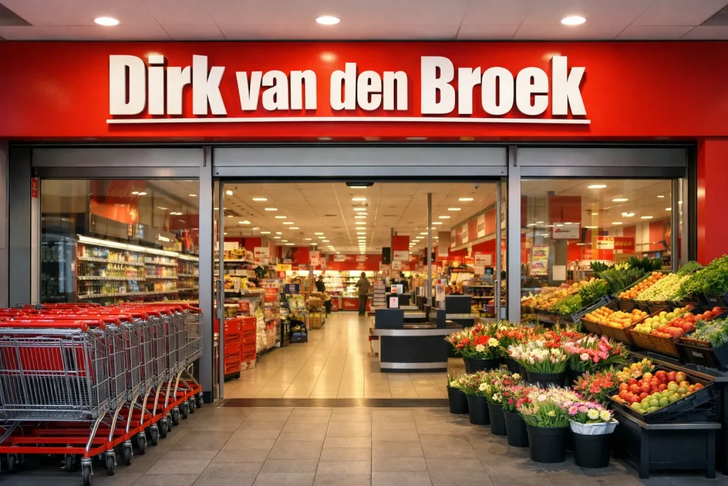 Ingang van Dirk van den Broek supermarkt met winkelwagens en verse producten