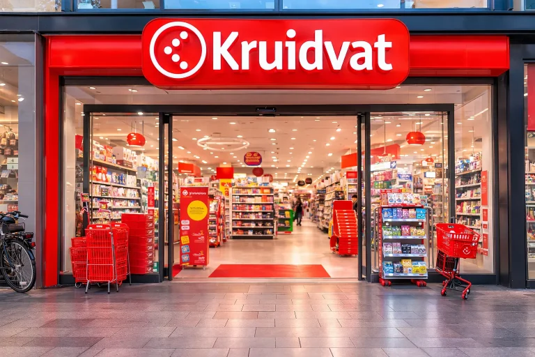 Ingang van een Kruidvat winkel met open deuren en productrekken binnenin.