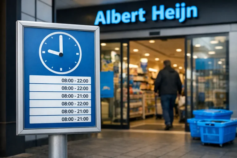 Ingang van Albert Heijn supermarkt met openingstijdenbord buiten