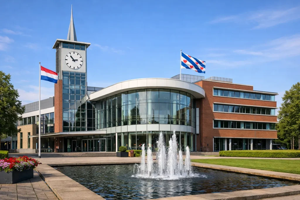 Modern stadhuis van Heerenveen met kloktoren en fontein ervoor.